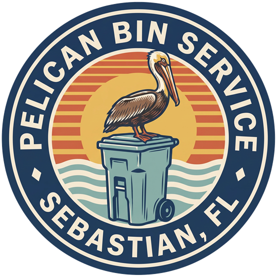 Pelican Bin Service badge: a brown pelican perched on a wheeled trash cart over ocean waves at sunset.